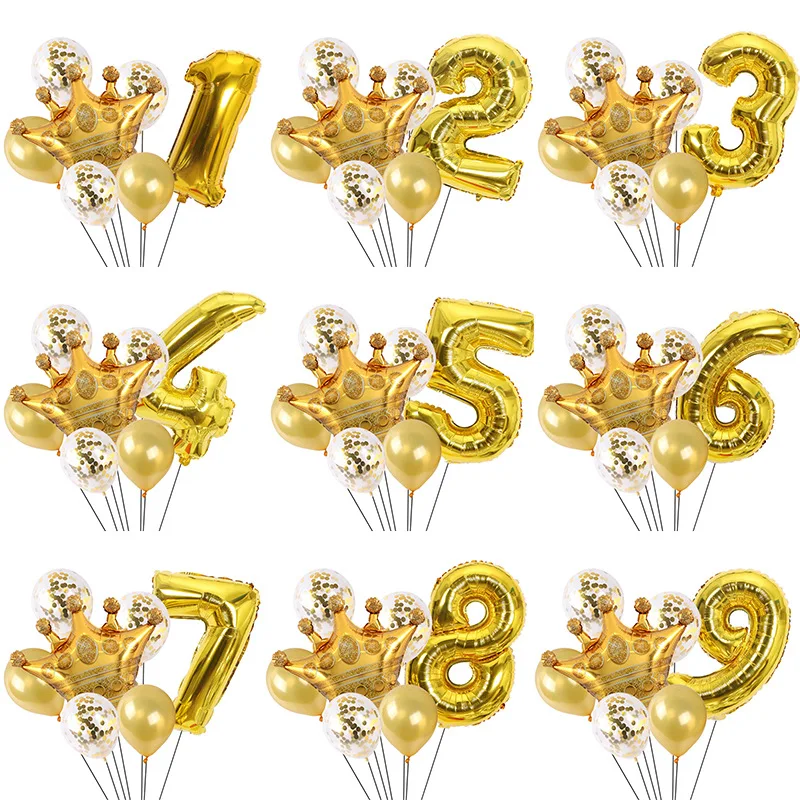 

1 Set of 7pcs Children's First Birthday Golden Crown Aluminum Film 32 Inch Number Balloon Party Decoration Supplies