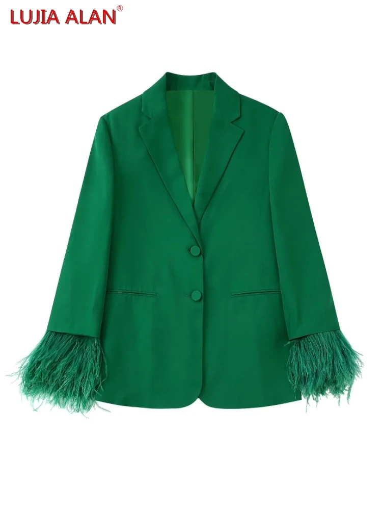 

Women Feather Cuffs Casual Suit Coat Hot Sale Female Long Sleeve Outerwear Loose Tops LUJIA ALAN C1559