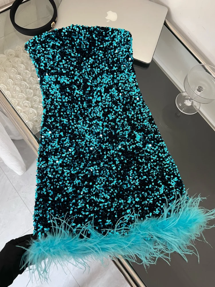 

Sexy Sequin Strapless Dress Women Luxury Feather Patch Work Bodycon Dresses Ladies Fashion Club Evening Party Vestidos