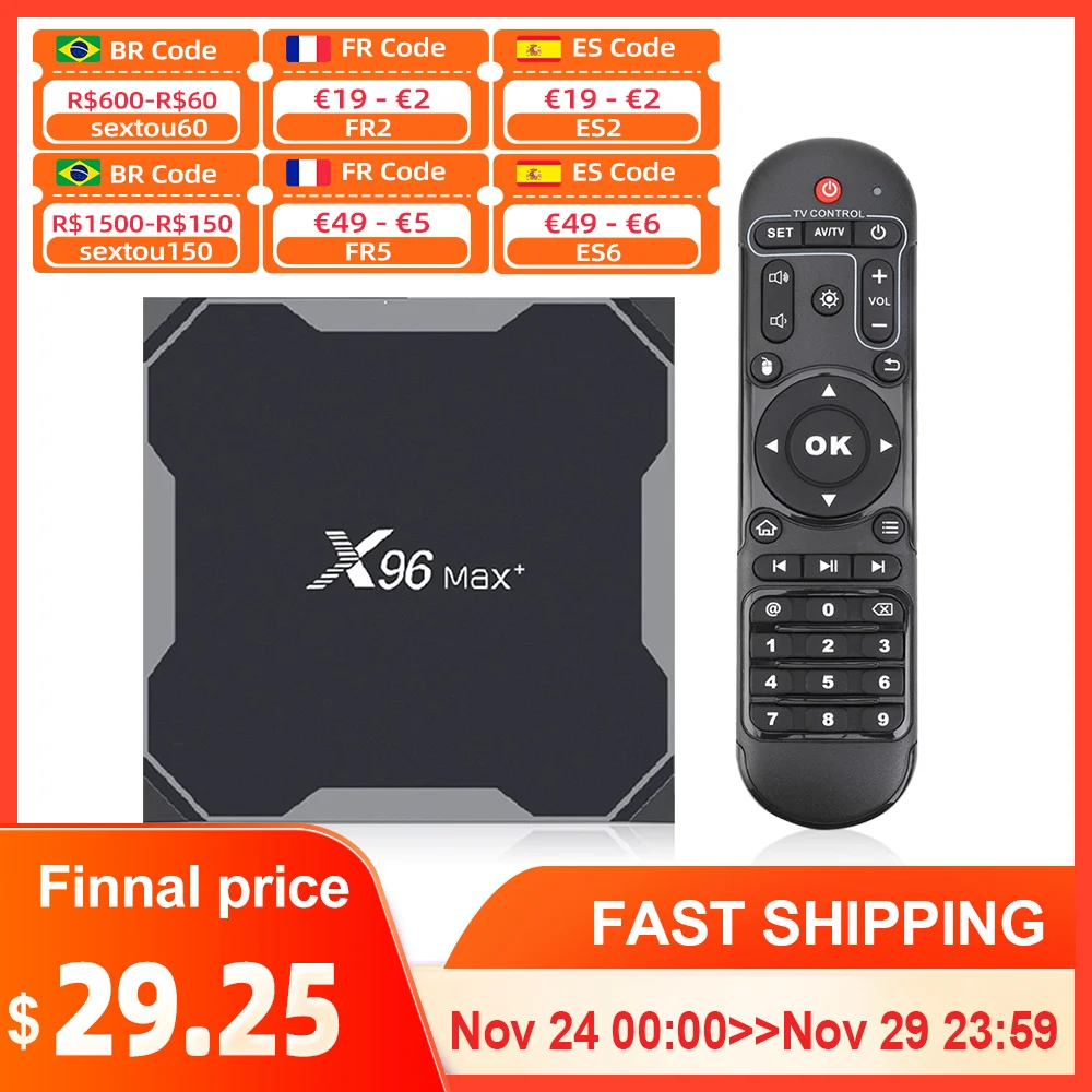  Приставка Смарт-ТВ X96 MAX Plus, 4 + 64/32 ГБ, Android 9,0, Amlogic S905X3, 4 ядра, Wi-Fi, 4K  TVBOX  X96Max Plus Set top box 2GB 16GB