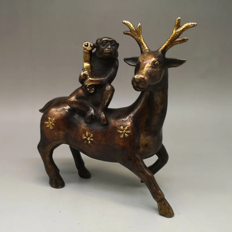 

8" Chinese Old Antique Bronze Gilding Feng Shui Plum Deer Monkey Statue