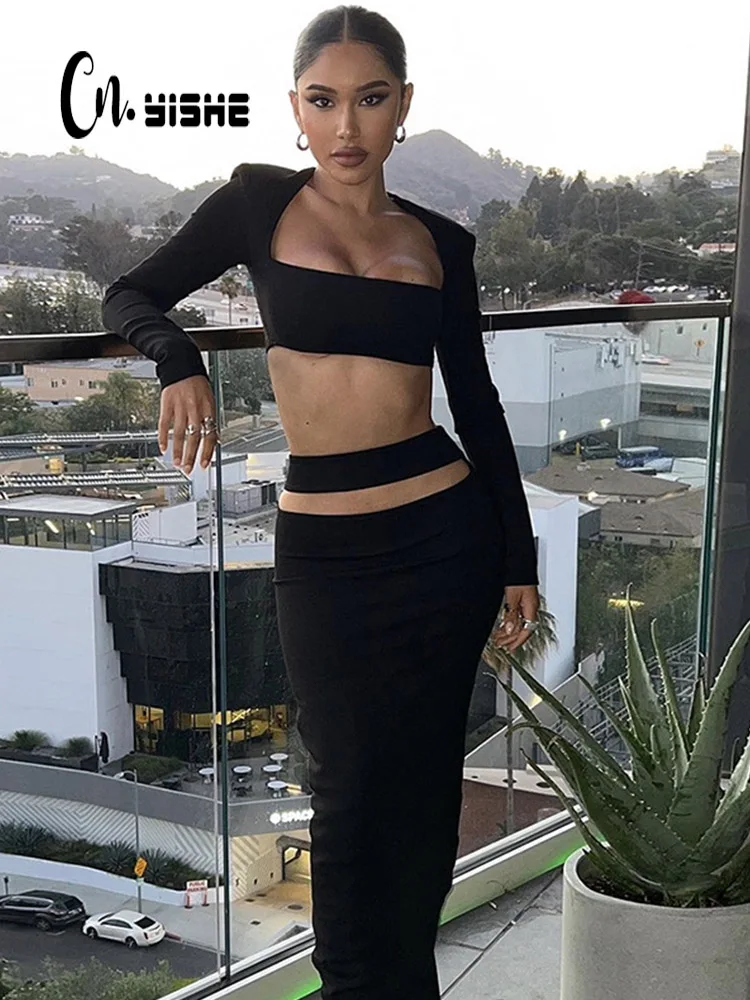 

CNYISHE элегантные модные комплекты из 2 предметов с квадратным вырезом пикантные Вечерние наряды Топ с длинным рукавом и юбка подходящие винт...