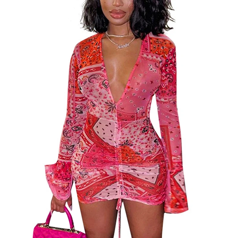 

Deep V Neck Print Party Dresses Drawstring Mesh Flare Long Sleeve Transparent Club Outfit For Women Mini Dress