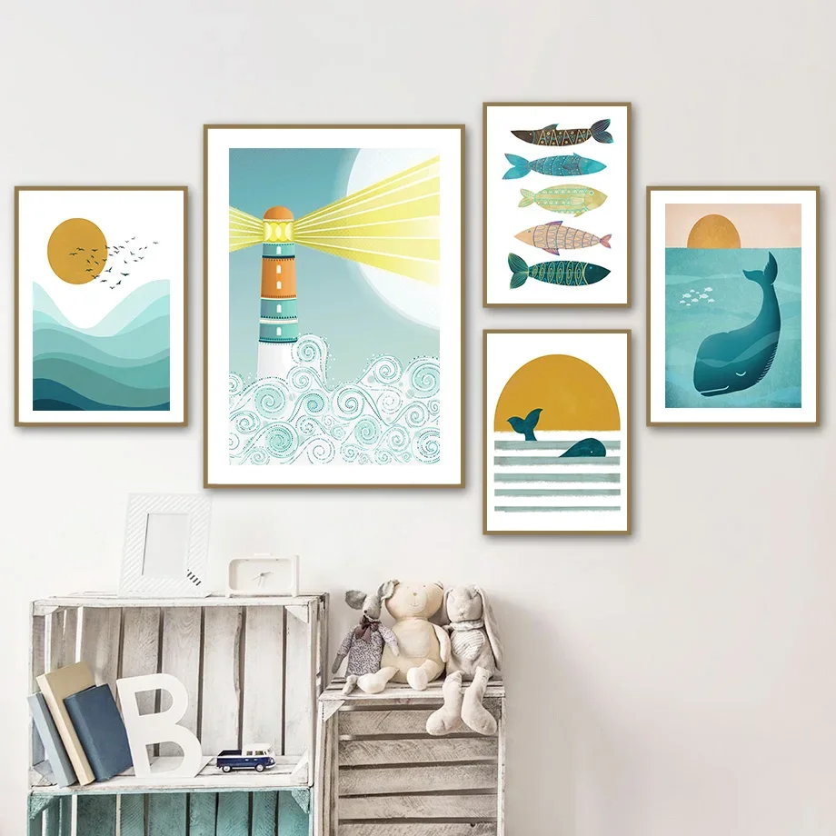 Синий океан рыба Кит маяк солнце фотообои искусство холст живопись плакаты и