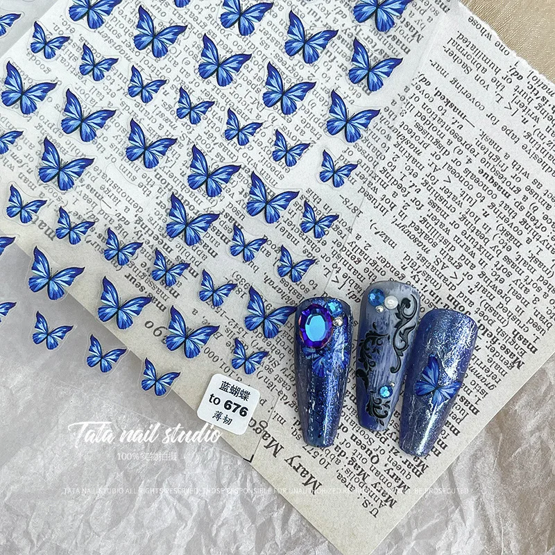 

Butterfly Nail Sticker Blue Decals Flowers Decorations 3D Sliders Holographic Designs Summer Nail Art Foils Manicure Parts
