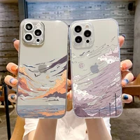 couple retro sunset aesthetic transparent shockproof case for iphone 13 11 12 pro max xr xs 7 8 plus se case soft silicone cover