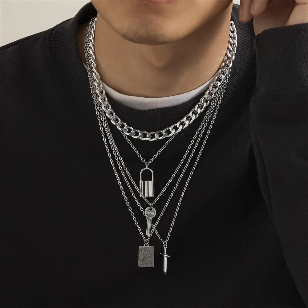 5Pcs/set PadLock Key Dagger Pendant Necklace for Men Hip hop Multilayer Long Chain Necklaces Set Grunge Emo Y2K Jewelry 2022