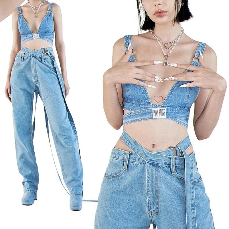 

Newest Two Piece Set Women Fashion Cross Bandage Sexy Sleeveless Crop Top Suspender Vest + Jean Denim Outfits Female