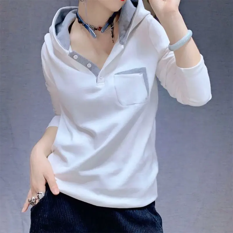 

Женская хлопковая футболка с капюшоном, универсальная Свободная Повседневная футболка с длинным рукавом, в Корейском стиле, весна-осень