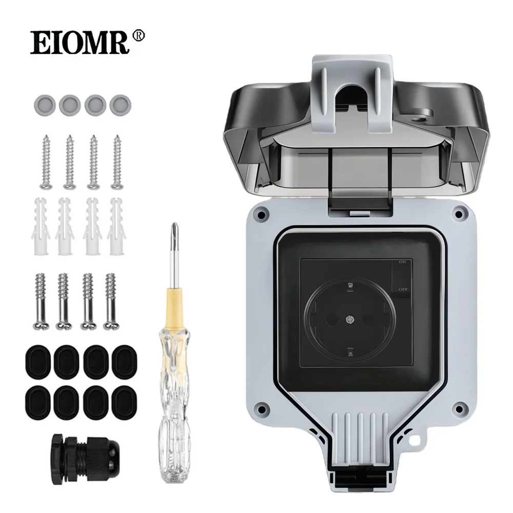 Фото EIOMR Стандарт ЕС IP66 Водонепроницаемая одинарная розетка 16А с переключателем, 110-250 В для использования в саду/парковке на открытом воздухе, применим к Германию, Испанию №4