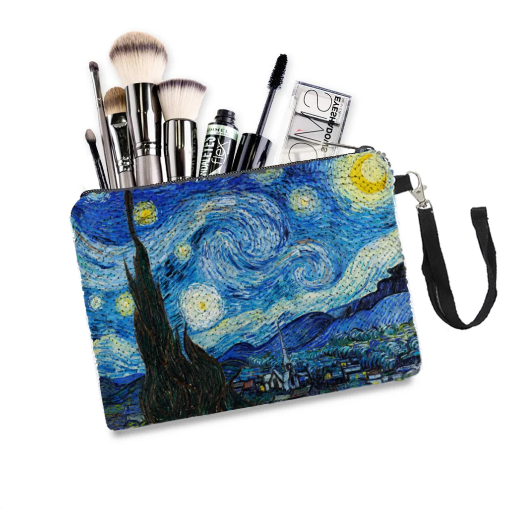 

Starry Night Sequins Makeup Bag Vincent Van Gogh Painter Women Girl Glitter Portable Cosmetic Bag Zipper Organizer Pouchs