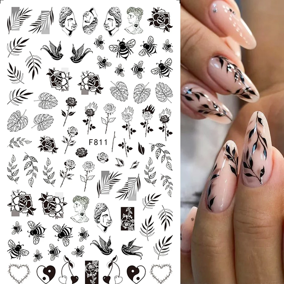 

3D Black Flowers Leaves Nail Stickers Spring Summer Floral Transfer Flowers Nail Slider 8*10cm Black Slider Flowers Manicure Dec