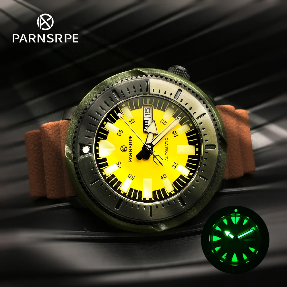 

PARNSRPE Automatic Men's Watch NH36A Movement Sapphire Glass Water Resistant Steel Case Luminous Monster Yellow Dial Tuna Diving