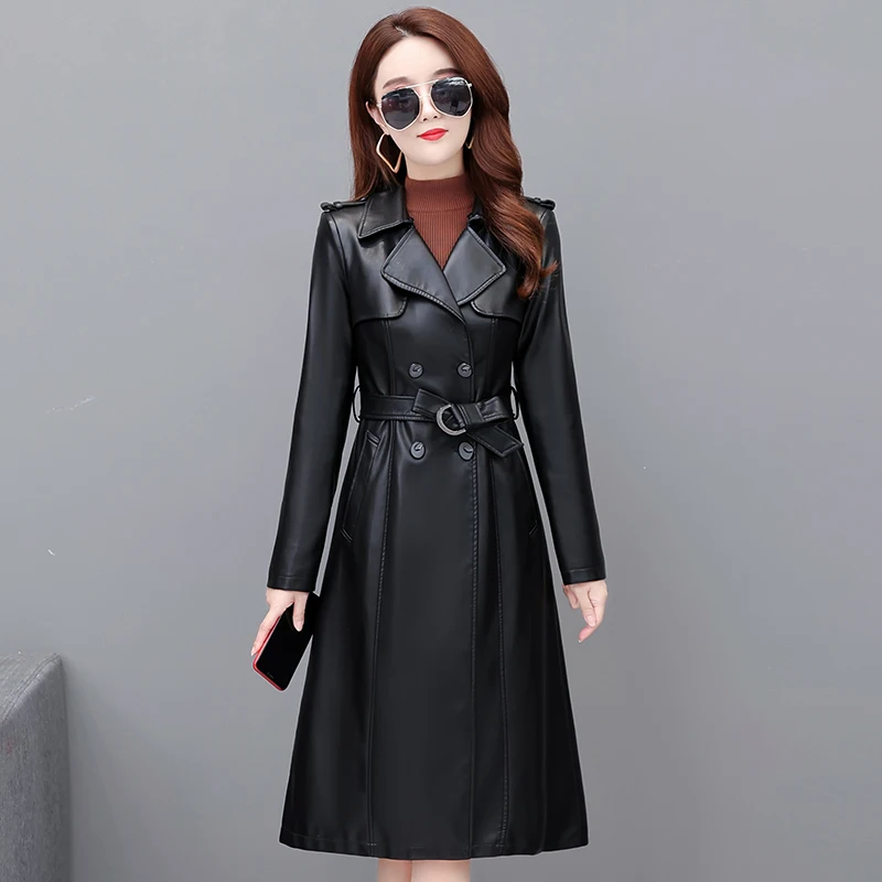 Spring Autumn Black Waterproof Leather Trench Coat for Women 2022 Long Sleeve Belt Double Breasted Autumn Designer Fashion