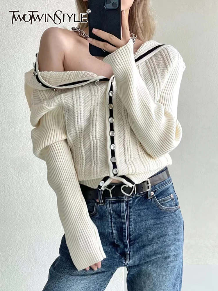 

TWOTWINSTYLE Hit Color Spliced Chain Irregular Knitting Sweaters For Women V Neck Long Sleeve Single Breasted Cardigan Female