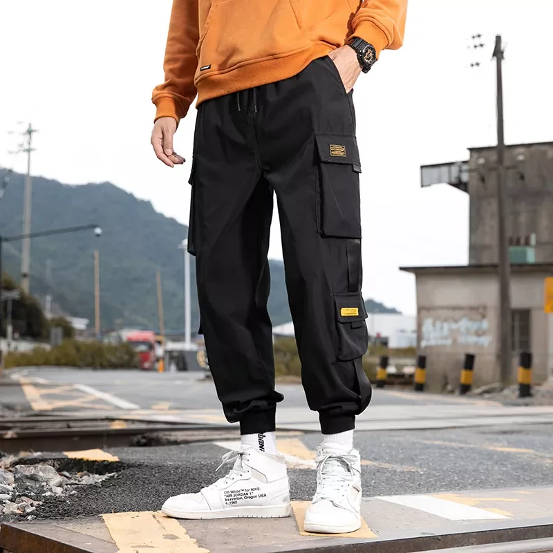 

streetwear casual pants men ribbons harem jogging pants men slim fit spring cargo pants multi-pockets women trousers joggers