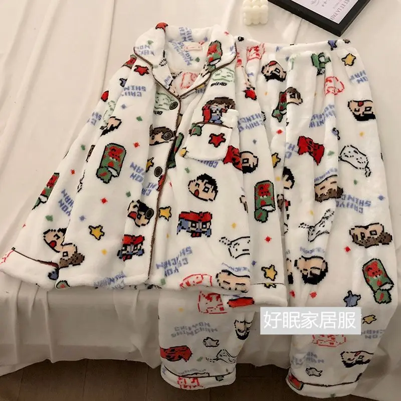 Pajama Female Panda Print Cartoon Winter Thick Fluffy Coral Fleece Sweet Cute Warm Set