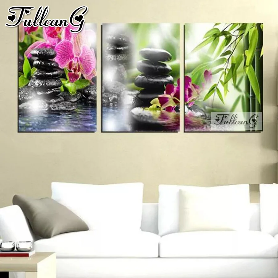 

FULLCANG Bamboo orchid stone 3 piece diy 5d diamond painting triptych full drill mosaic embroidery picture home decor FG1119