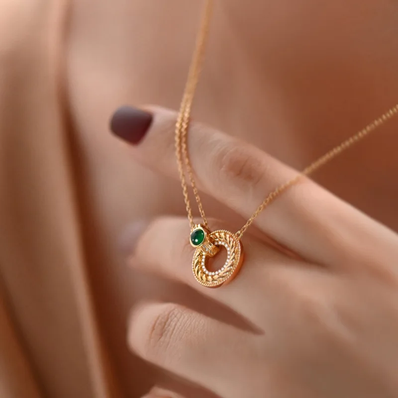 

S925 Sterling Silver Green Agate Crystal Pendant Necklaces for women 14k gold plated necklace fashion luxury jewelry