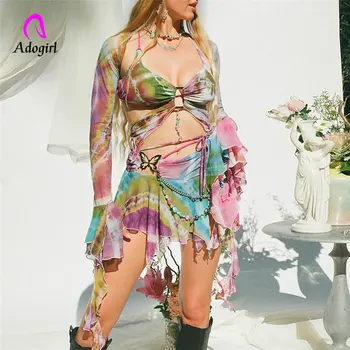 Tie Dye 3 Piece Skirt Sets 2023 Elegant Luxury Mesh Mini Ruffle Bandage Dress Summer Sexy Crop Bikini Top Sexy Night Club Outfit 1