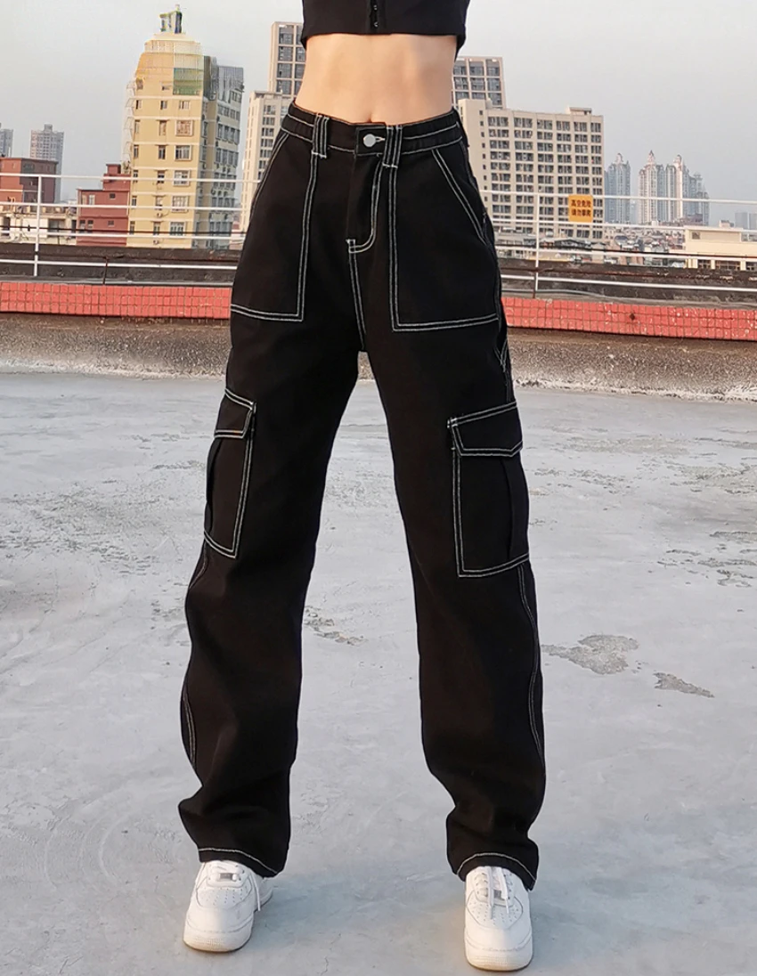 

Джинсы-багги с карманами в стиле пэчворк, модная уличная одежда, хлопковые женские джинсовые брюки, свободные брюки-карго, корейские джинсы ...