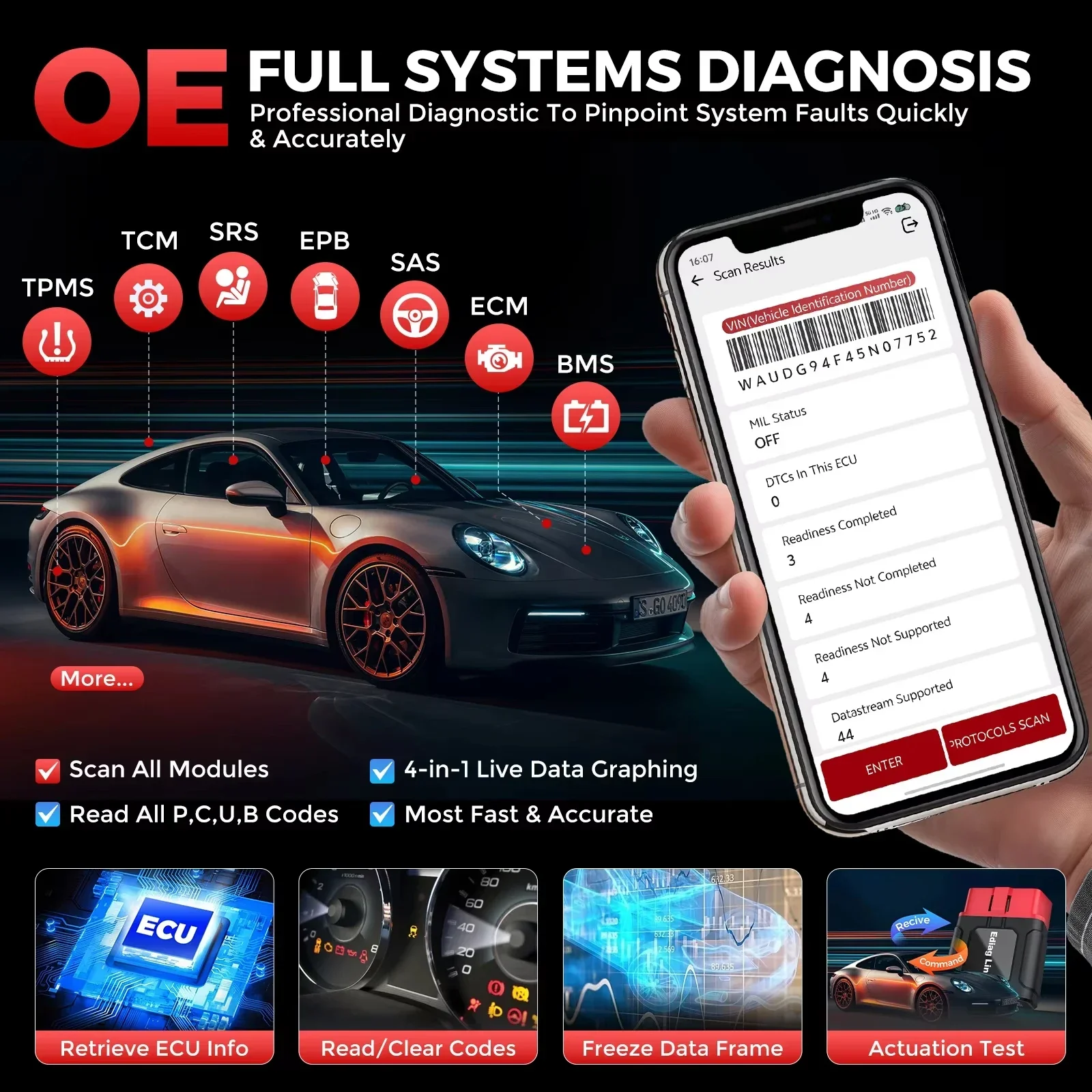 Фото Диагностический сканер KINGBOLEN Ediag Link OBD2, полный набор функций диагностики, двунаправленное управление, 10 функций сброса, CANFD, для iOS и Android, для автомобилей. №4
