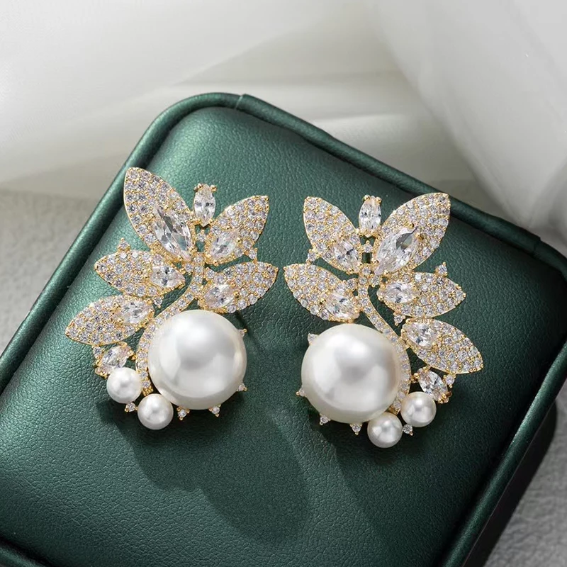 SENYU Роскошные белые серьги с цветком CZ красивые листья круглый жемчуг свадебные