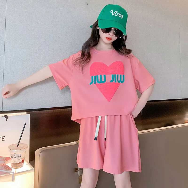 Летний костюм для девочек новинка 2024 Детская футболка с коротким рукавом + шорты