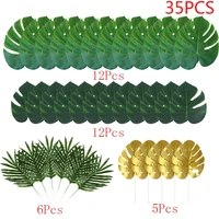 35pcs artificial palm leaves gold green tropical palm tree leaves for wedding hawaiia party jungle beach theme party table decor