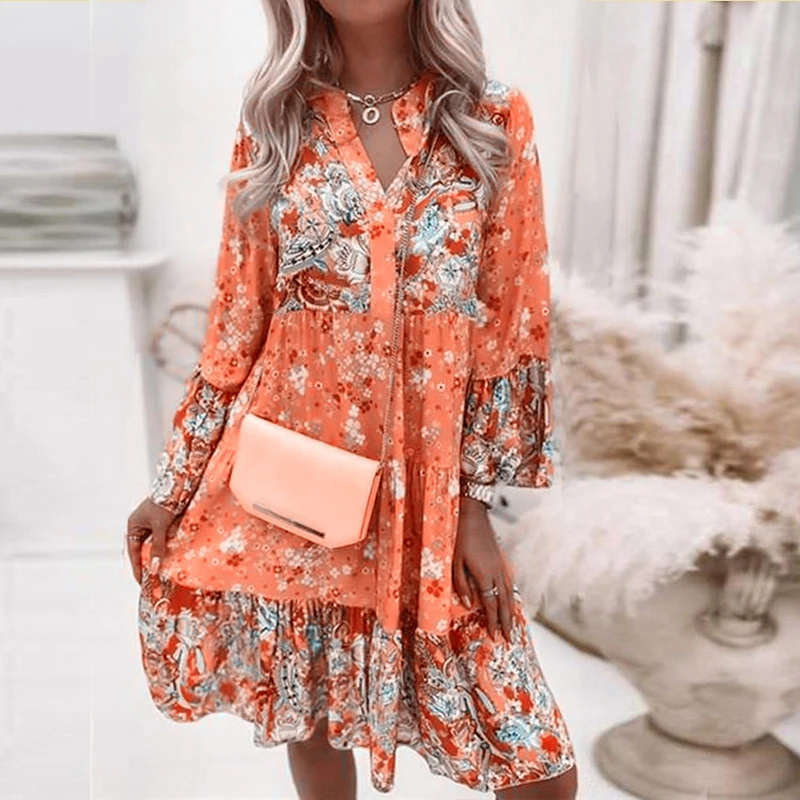 

Retro Floral Print Flare Sleeve Mini Dress 2023 Spring Women Ruffle Loose Party Dresses Casual V Neck Beach Dress Robe De Plage