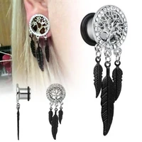 1pc ear tunnel plugs and gauges flesh piercing expander ear studs full crystal inset with dangle leaves plug earrings