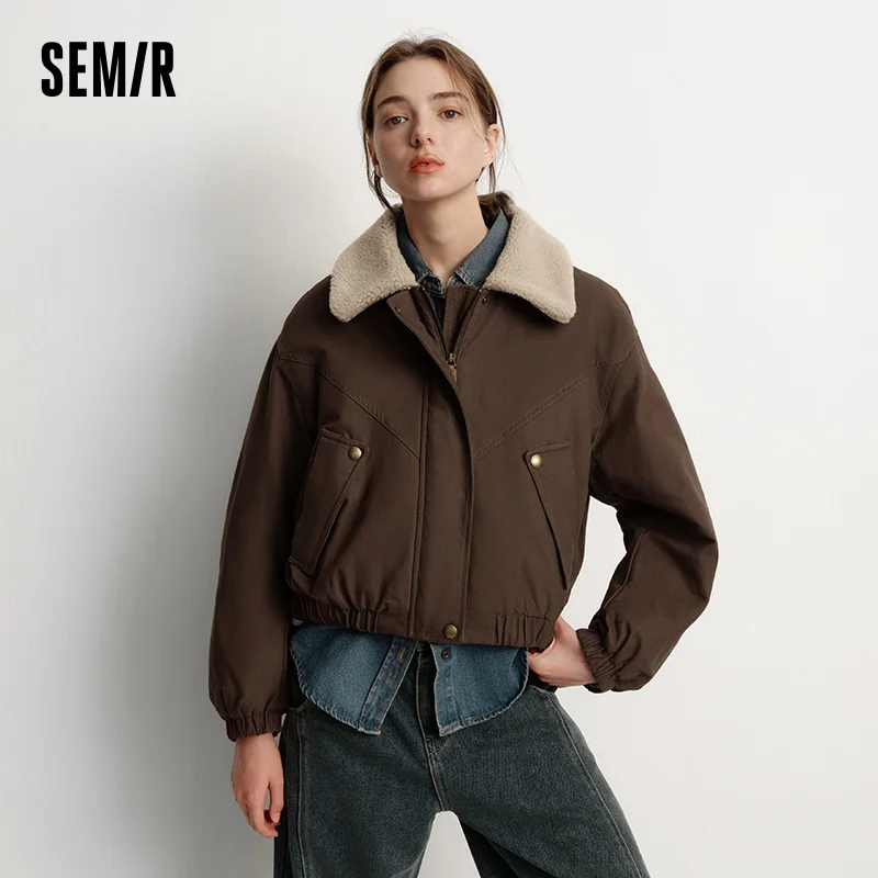 Фото Женская зимняя куртка Semir с хлопковой подкладкой из искусственной овечьей шерсти с лацканами, оверсайз, новинка 2025, куртка в стиле сарая, женская одежда №1