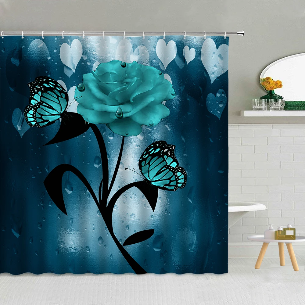 

Flowers Sunflowers Rose Butterflies Green Leaves Shower Curtain Fabric High Quality Bathroom Supplies Decor With Hooks