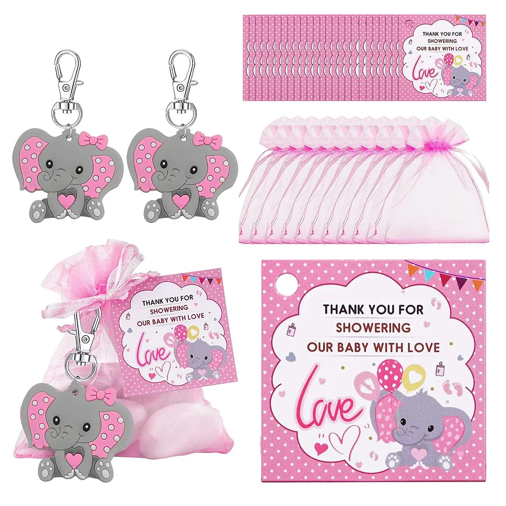 

30pcs Keyring Set Including Elephant Keychains Organza Drawstring Bags Thank You Tags Baby Shower Favors Guests Return Gifts