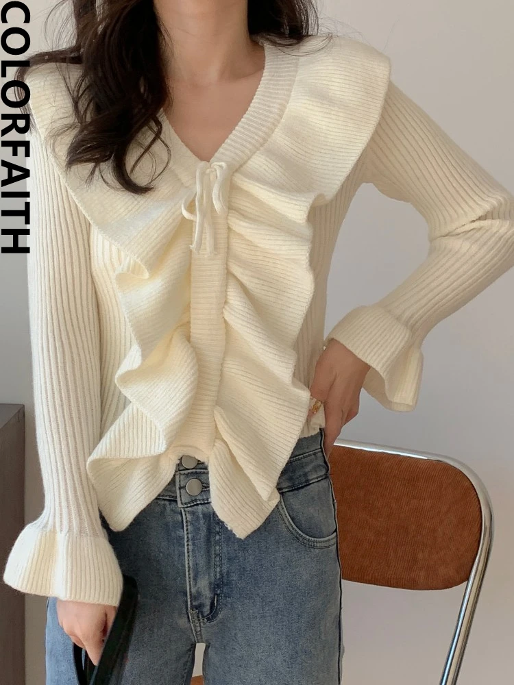 

Colorfaith SW5142JX New 2023 Chic Korean Fashion Sweaters Pullovers Elegant Vintage Ruffles Knitting Women Winter Spring Tops