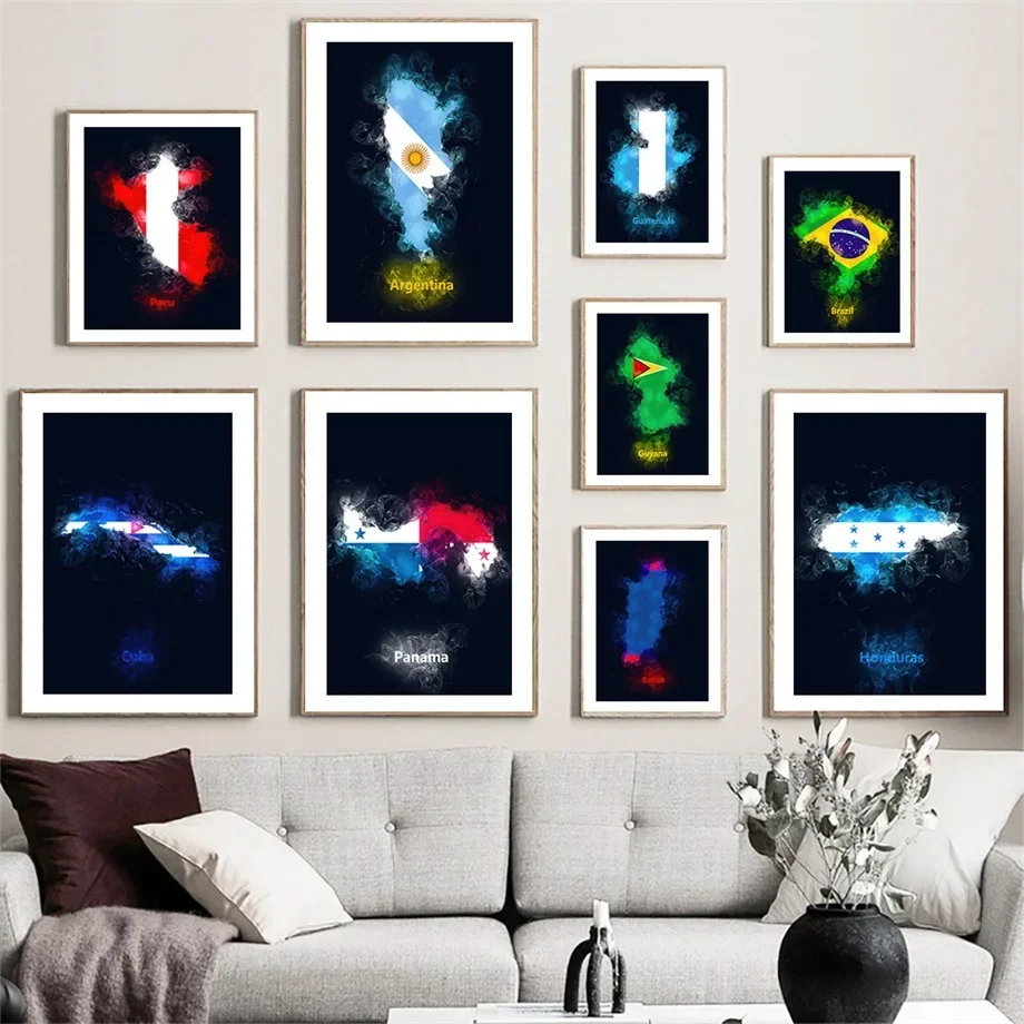 Настенная живопись на холсте Бразилия Аргентина Перу флаги страны карта