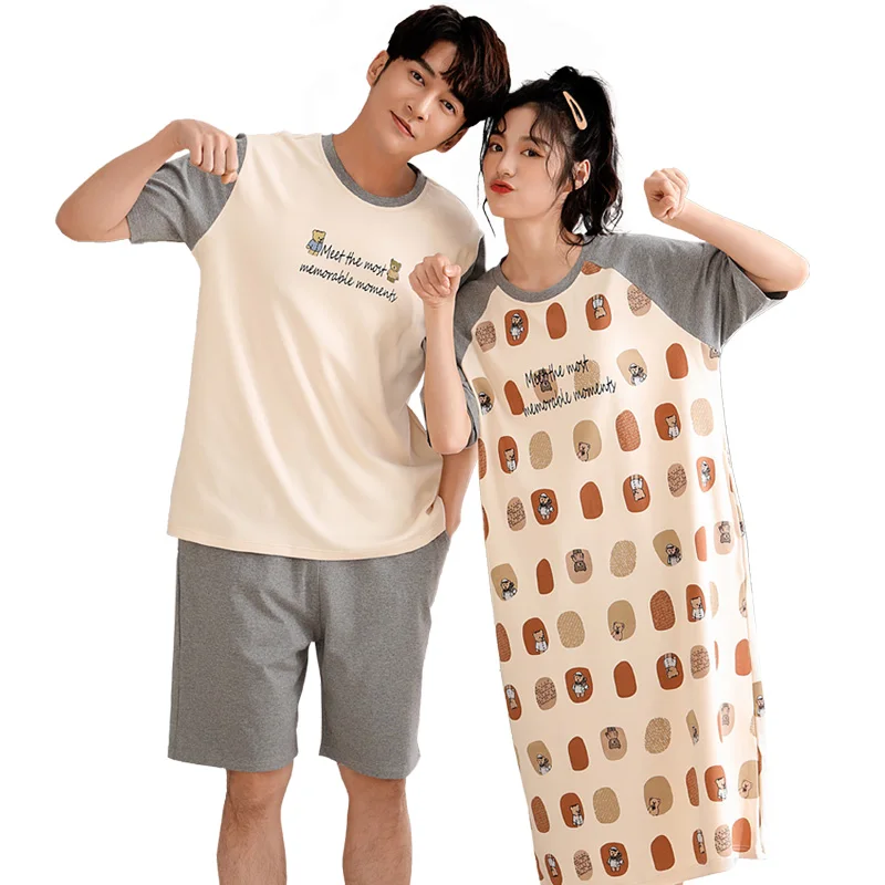 

Летняя Милая мультяшная Пижама комплект для пар одежда для сна 100% хлопок пижама Сексуальная женская ночная рубашка мужская пижама