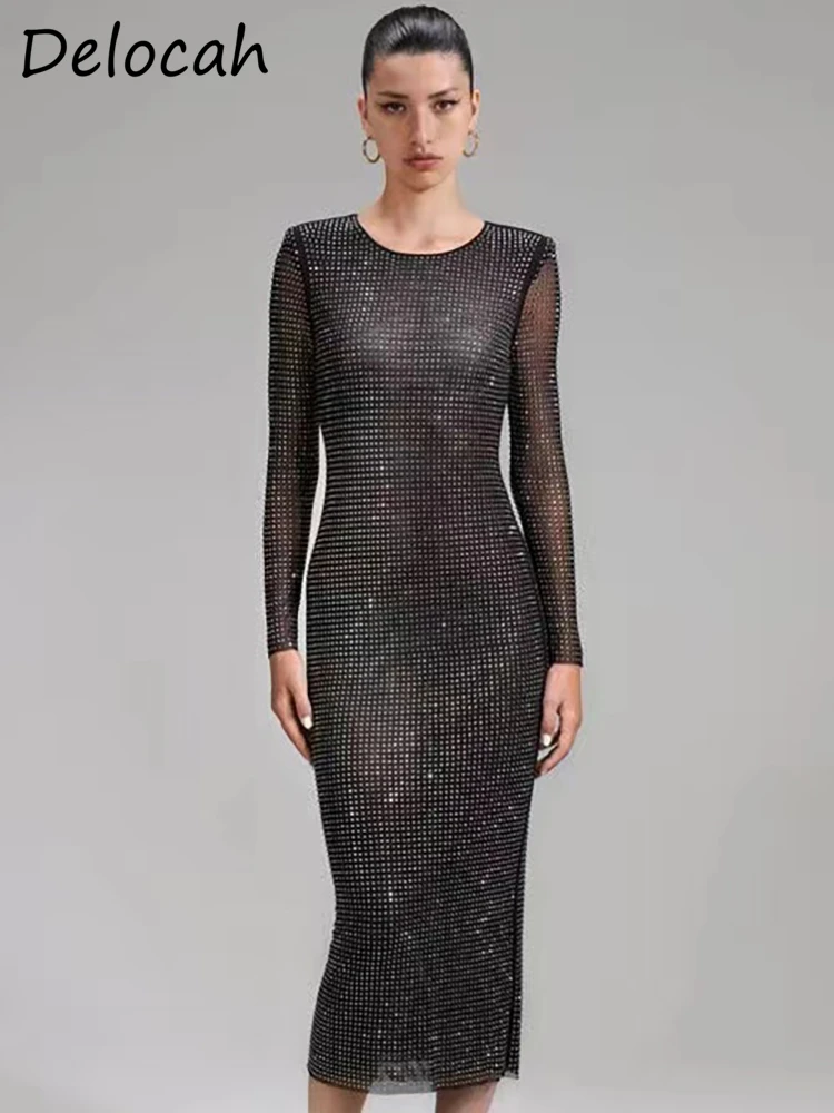 

Delocah High Quality Spring Women Fashion Runway Pencil Dress Long Sleeve Elegant Gorgeous Crystal Dot Mesh Bodycon Midi Dresses