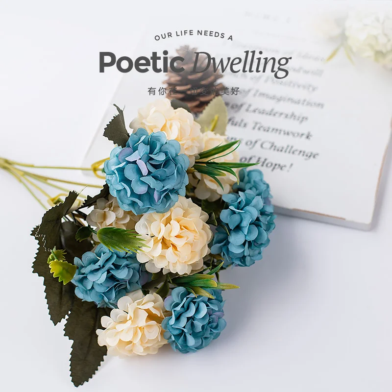 

Hydrangea Artificial Flowers Bouquet Silk Ball Blooming Fake Flower Wedding Centerpieces Stage Home Table Decoration Blue