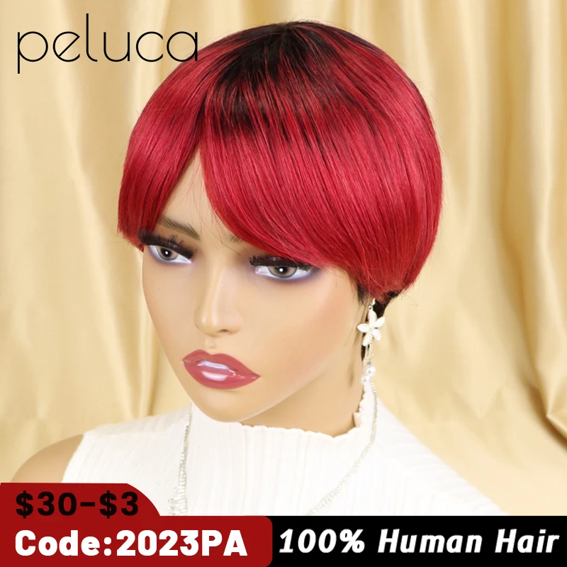 

Short Bob Wig Straight Human Hair Wigs With Bangs Non Lace Front Wigs For Women Pixie Cut Wig Natural Color Full Machine Made