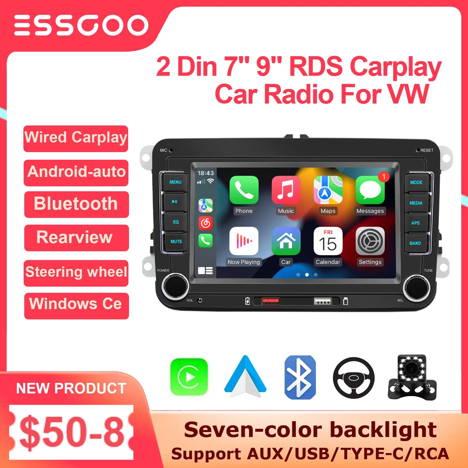 

Автомагнитола ESSGOO 2 Din, 7 дюймов, 9 дюймов, Wince, проводная Автомагнитола Carplay, Android-auto, MP5, Автомобильный плеер, стерео, RDS, мультимедийная Автомагн...