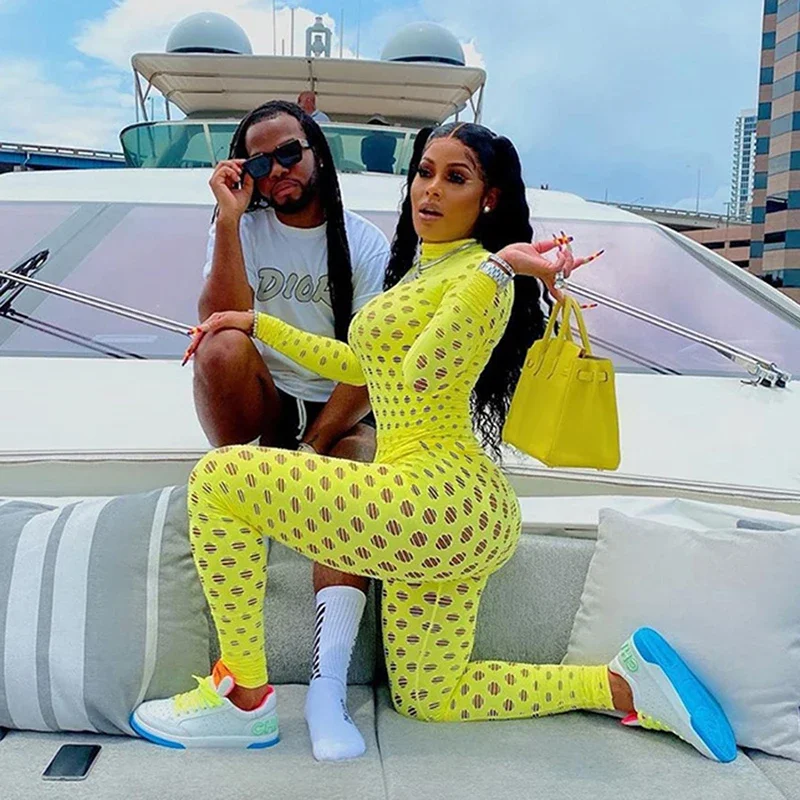 Женские комбинезоны с вырезами 2021 водолазка сексуальные сетчатые клетчатые