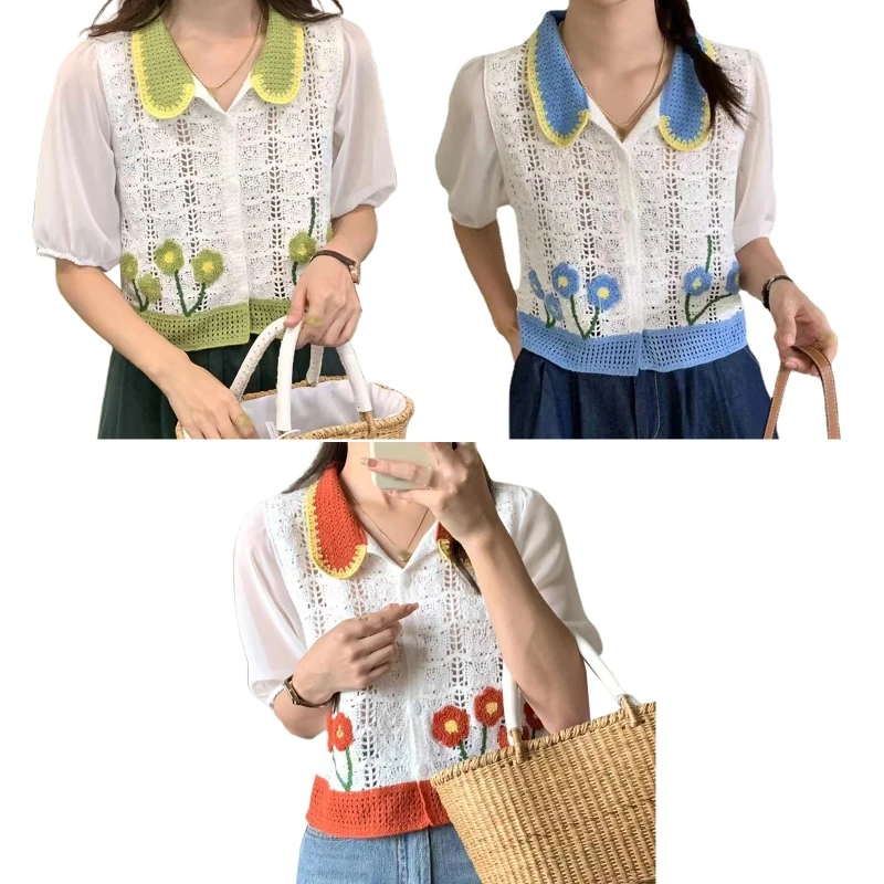 

New style Beautiful Embroidery Shirt Women Blouses Versatile Puff Sleeve T-shirt Top Clothing Crop Korean Vintage for Ladies