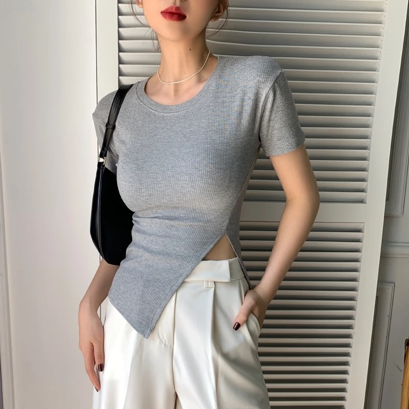 

Women Sexy Asymmetrical Elastic Bodycon Summer Tops Solid Color Slit Short Sleeve T-shirts High Street Fashion Ladies Short Tees