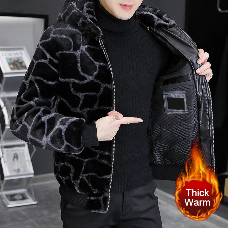 

2023 Herren Winter Jacke Faux Leather Jacket Imitation Fur Trend Veste Fourrure Homme Plaid Contrast Color Men's Coat