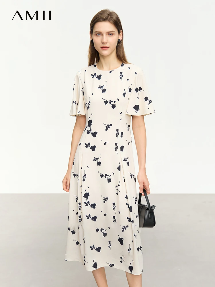 AMII Minimalism 2023 Summer New Rose Printed O Neck Slim A Line Long Dress for Women Chiffon Pullovers Female Vestidos 12342248