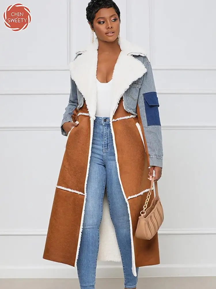

Chin-Sweety Fashion Women Woolen Coats New Lapel Long Sleeve Loose Lace Up Waist Denim Patchwork Over Coat Female Winter 2022