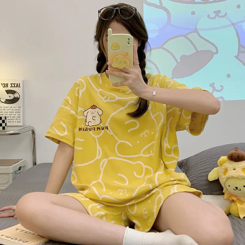 

2023 New Sanrioed Cinnamoroll Summer Women's Pajamas Set Kawaii Anime Pom Pom Purin Milk Silk Pajamas Cute Cartoon Girl Homewear