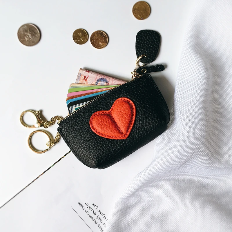 Genuine 100% Cow Leather Heart Coin Purse Key Holder Ladies Cute Patch Small Wallet pouch key holder coin bag wallets women Purs