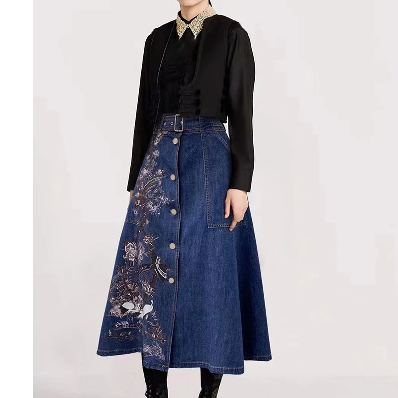 

Runway Denim Print Skirt Women 22 AW Vintage Twig Bird Print Single Breasted Belt A-line Skirts High End Elegant Big Swing Skirt